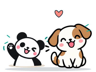 RoveKin panda guardian sitting happily beside dog